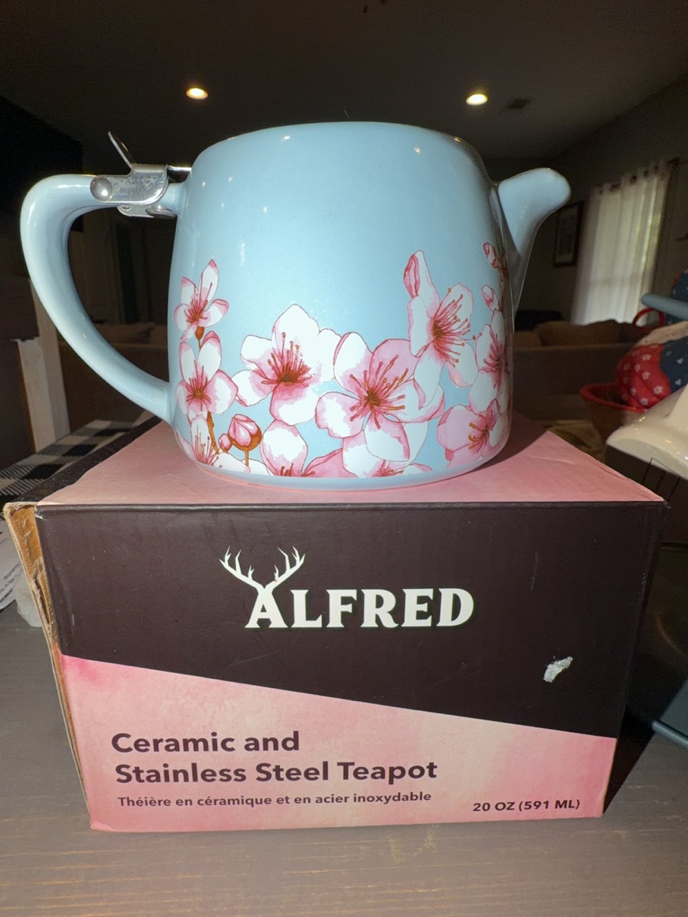 Alfred Light Blue Ceramic Teapot with Pink Cherry Blossom Motif